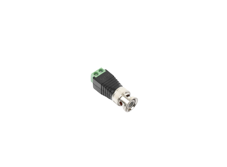 Adaptador de conector BNC macho a 2 terminales-tornillo para cables AWG-26-14, en aplicaciones Video Vigilancia, Níquel/ Oro/  PTFE y PVC.