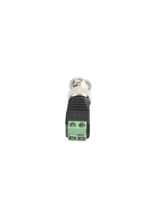 Adaptador de conector BNC macho a 2 terminales-tornillo para cables AWG-26-14, en aplicaciones Video Vigilancia, Níquel/ Oro/  PTFE y PVC.