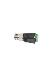 Adaptador de conector BNC macho a 2 terminales-tornillo para cables AWG-26-14, en aplicaciones Video Vigilancia, Níquel/ Oro/  PTFE y PVC.