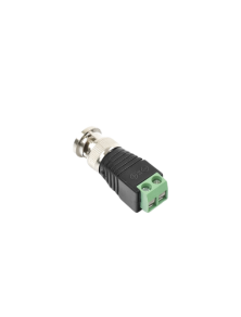 Adaptador de conector BNC macho a 2 terminales-tornillo para cables AWG-26-14, en aplicaciones Video Vigilancia, Níquel/ Oro/  PTFE y PVC.