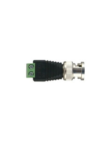Adaptador de conector BNC macho a 2 terminales-tornillo para cables AWG-26-14, en aplicaciones Video Vigilancia, Níquel/ Oro/  PTFE y PVC.